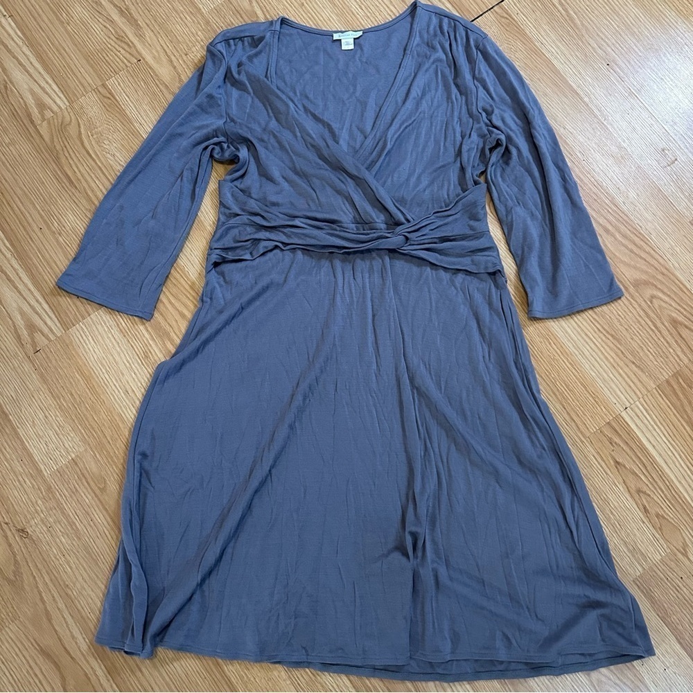 Garnet hill size large 100% wool faux wrap dress in gray with 3/4 sleeves